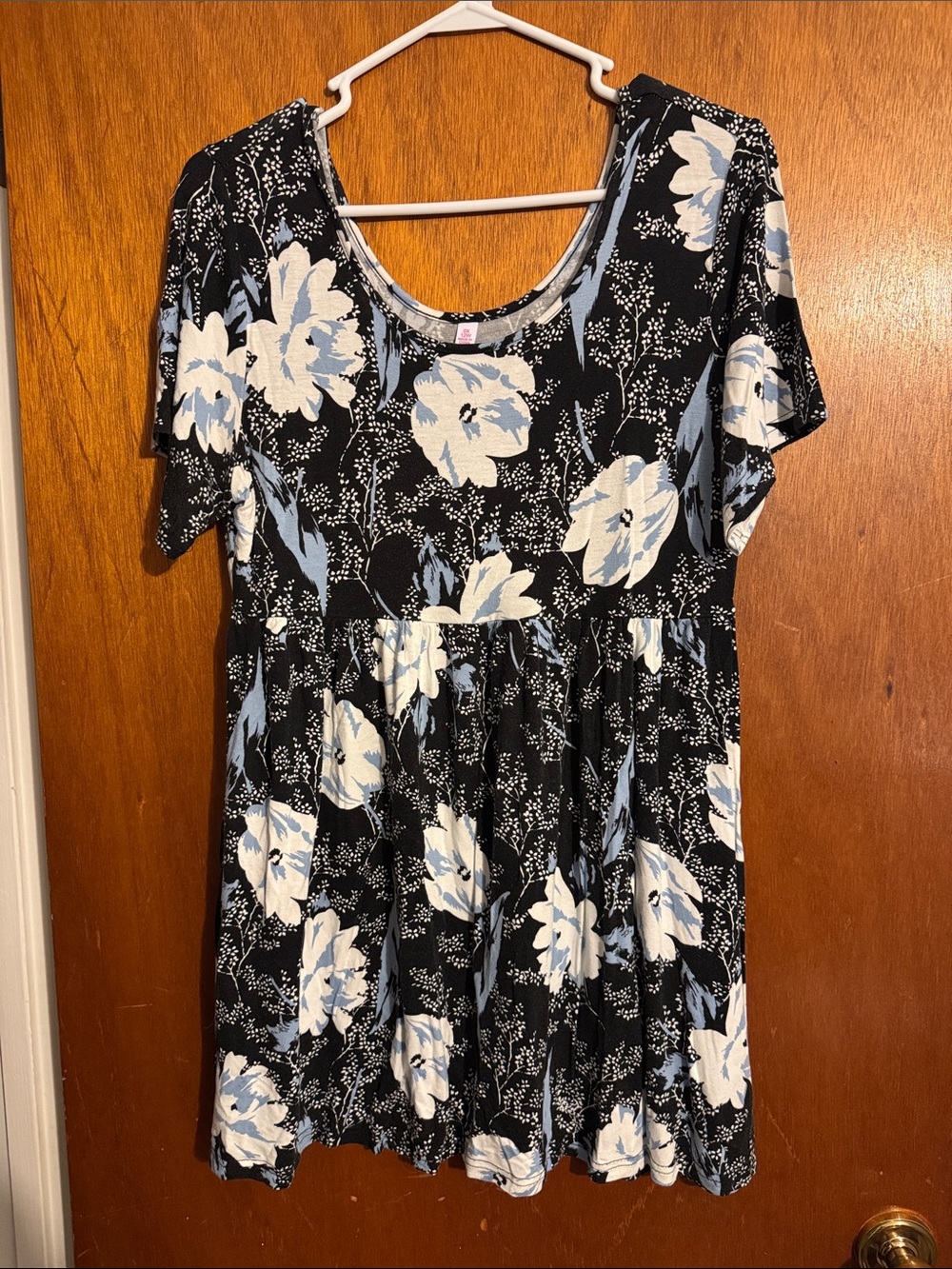 Black Floral Scoop Neck Babydoll Dress - Blue & White Flowers